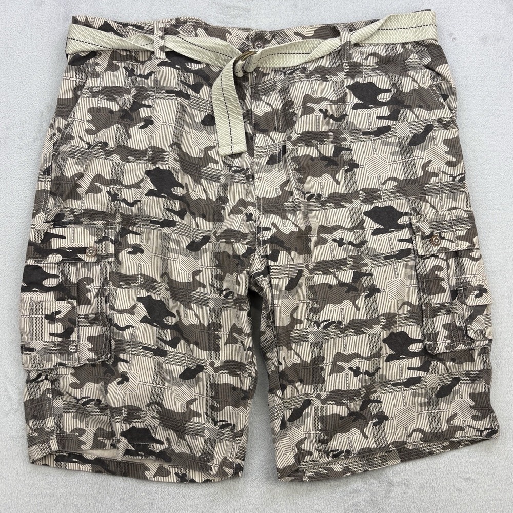 Phat Farm Shorts Mens 46 Gray Camo Camouflage Belted Cargo 100 Cotton Y2K Grunge